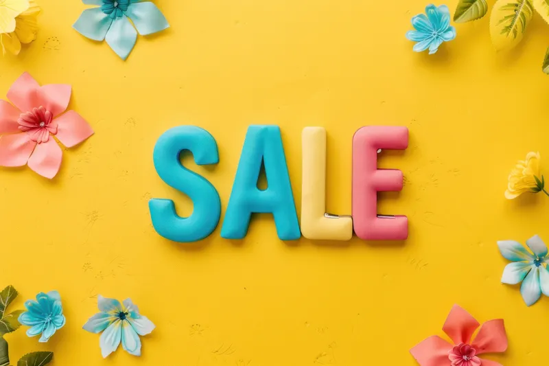 Плоская композиция с разноцветными цветами и надписью sale на желтом фоне для продвижения моды и красоты