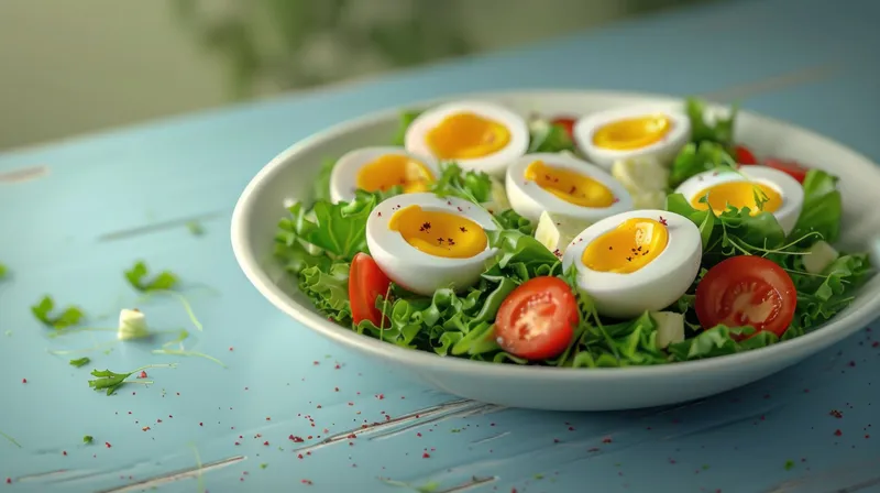 Полезный салат с яйцами, сваренными вкрутую, в миске на синем столе