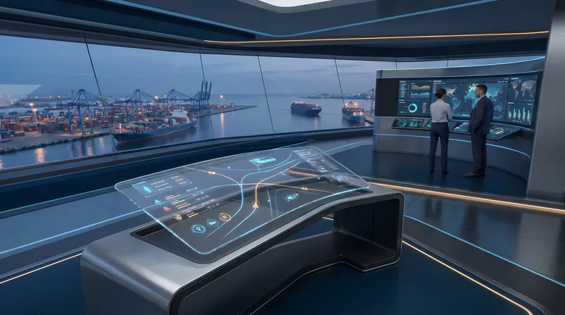 Футуристическая 3D-сцена управления морским транспортом: операторы, интерфейсные панели и грузовые суда — для логистики перевозок и управления судами