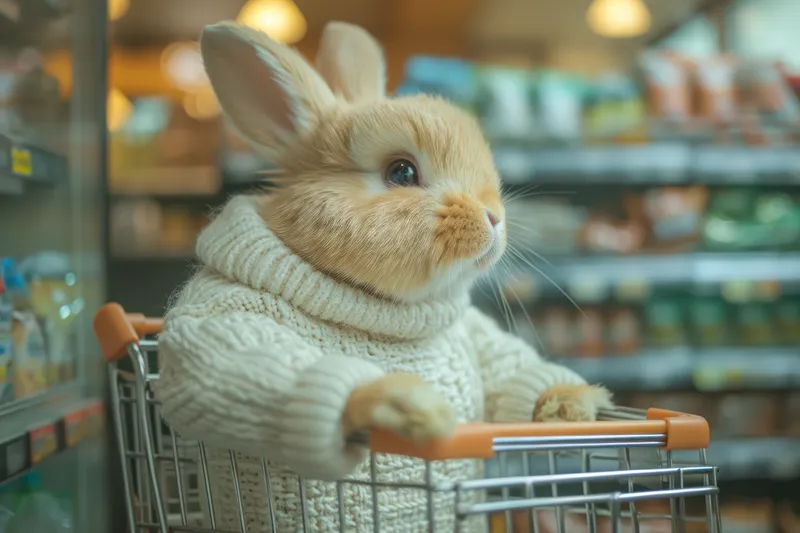 Милый домашний кролик выбирает свежие продукты в тележке супермаркета