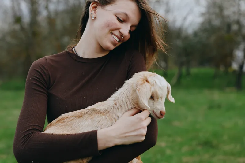 Smiling woman in a brown sweater holding a playful goat kid outdoors in a green field. Concept of countryside lifestyle, companionship, and animal bond, with soft natural light.