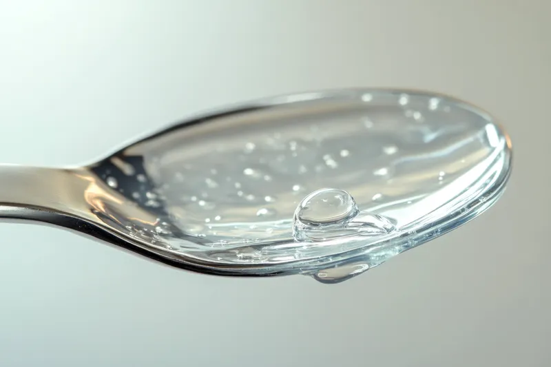 Детальный крупный план серебряной ложки с одной каплей воды, олицетворяющей чистоту и свежесть, идеально подходит для тем здоровья, благополучия и диетологии в стоковой фотографии