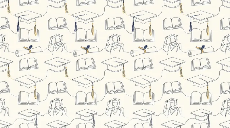 Бесшовный линейный орнамент с изображением выпускных шапочек, свёрнутых дипломов, открытых книг и стилизованных выпускников