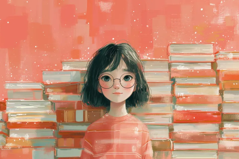 Умная молодая женщина в очках, окруженная стопками книг на розовом фоне