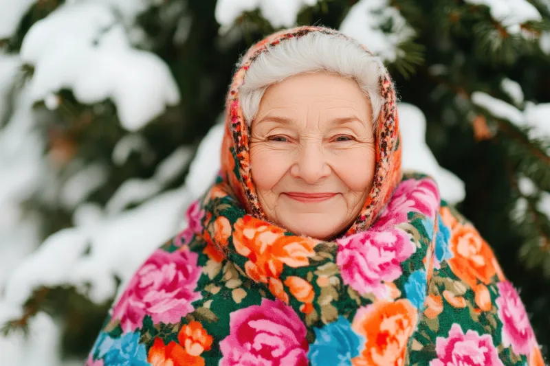 Жизнерадостная пожилая женщина, укутанная в яркую цветочную шаль, тепло улыбается на фоне заснеженного зимнего пейзажа, вызывая чувства радости, тепла и зимней красоты