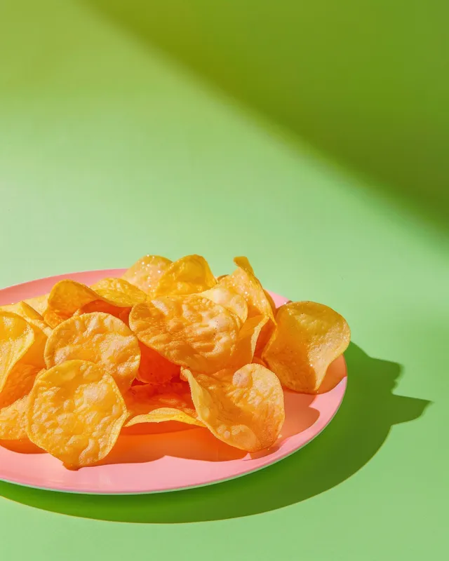 Картофельные чипсы на розовой тарелке, зеленый фон, flat lay с местом для текста, идеально подходит для концепций еды и закусок