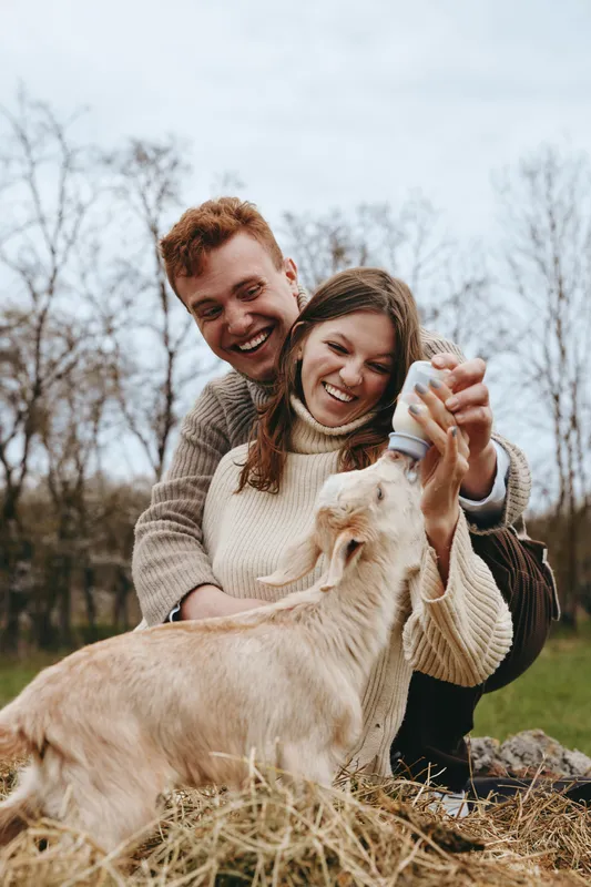 A joyful couple outdoors feeds a curious goat kid, sharing smiles as they cradle a bottle. A candid lifestyle moment that highlights affection, care, and rural simplicity.