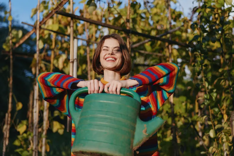 Woman with watering can in garden smiling, colorful sweater and happy expression while watering plants outdoors among trellis vines during sunny backyard gardening moment.