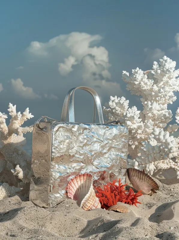 Модная серебристая сумочка на песчаном пляже с кораллом и морскими ракушками