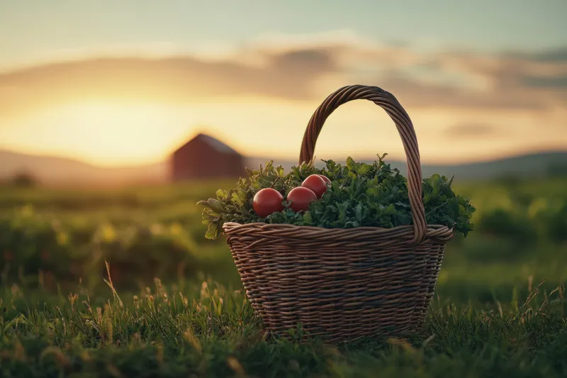 Безмятежная сельская сцена на закате показывает обильные продукты в плетеной корзине с росистой травой и холмами вдалеке, создавая уютное, здоровое ощущение питания, природы и традиций сбора урожая