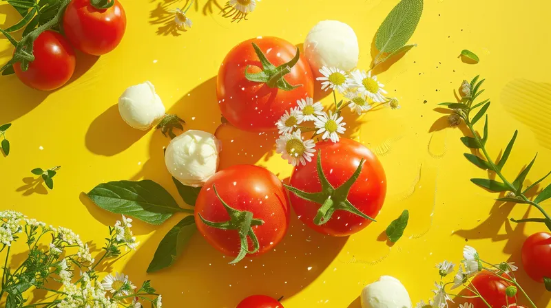Вкусный салат Капрезе со свежими помидорами, моцареллой, базиликом и ромашками на солнечном жёлтом фоне