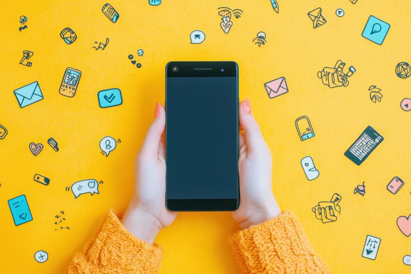 Молодая женщина в уютной одежде страстно держит смартфон на ярко-желтом фоне, заполненном красочными рисунками, иллюстрирующими общение, что демонстрирует современное цифровое взаимодействие и…
