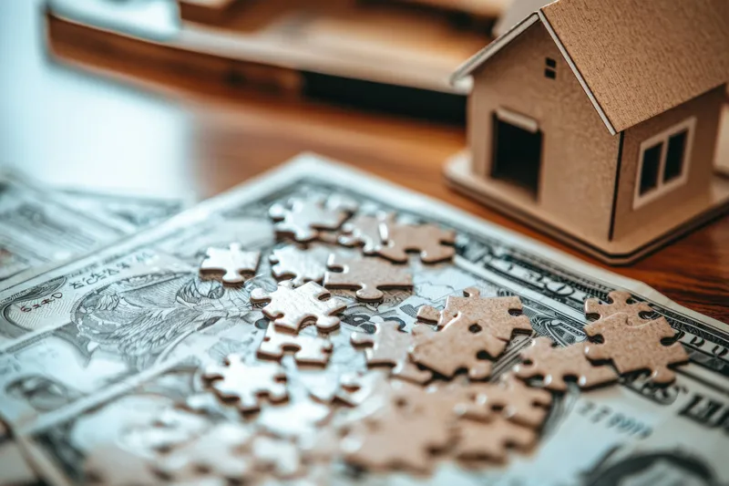 Креативное изображение фрагментов пазла и модели дома, лежащих на долларовых купюрах, символизирующее инвестиции в недвижимость, финансовое планирование и стратегии владения собственностью