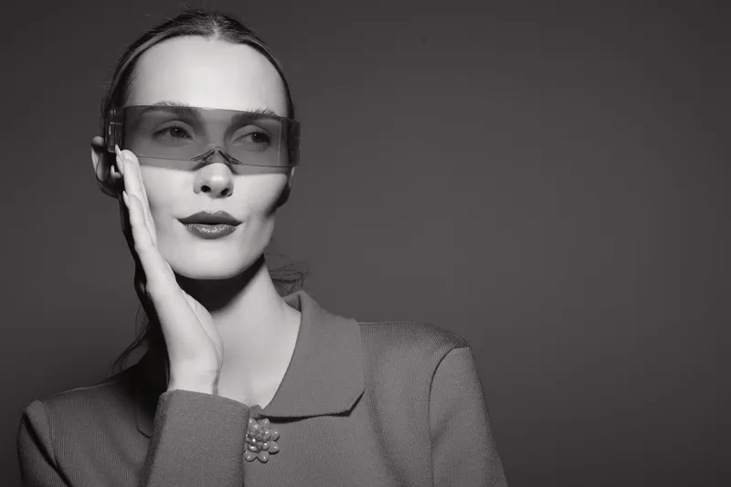 Portrait of a fair skinned Caucasian woman with long hair wearing oversized sunglasses and a textured jacket, posing with one hand on her cheek in studio lighting.