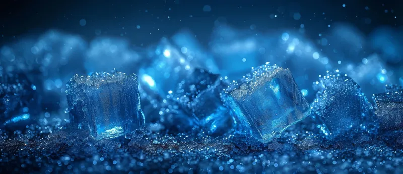 Абстрактные синие кубики льда с каплями воды на чёрном фоне