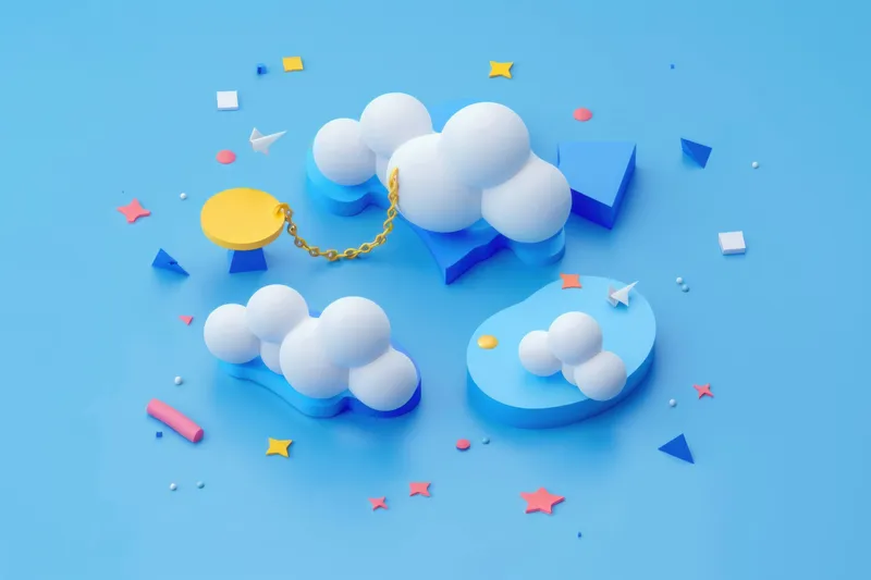 Причудливая композиция из 3D-облаков и геометрических фигур ярких цветов на голубом фоне, вызывающая чувство творчества и воображения, отлично подходит для дизайнерских проектов