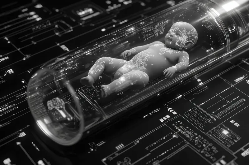 Стеклянная трубка заключает в себе младенца, символизируя футуристические технологии, искусственный интеллект и инновации