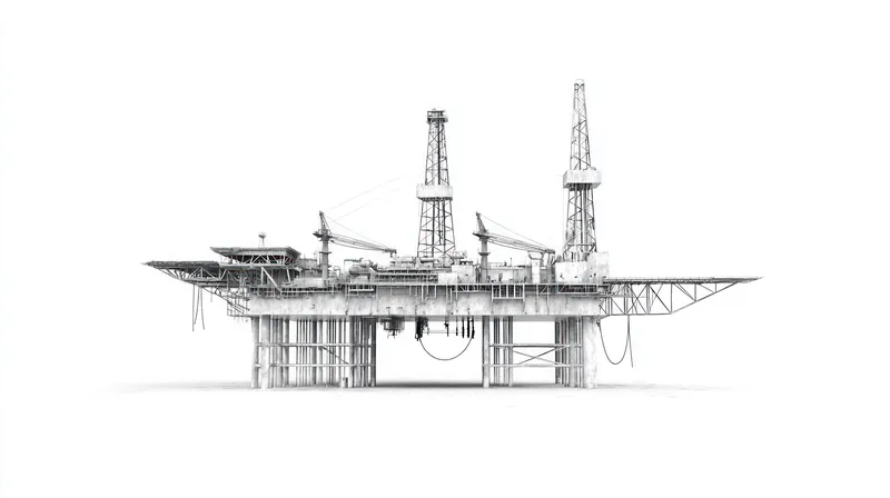 Эта черно-белая работа с тщательно проработанной морской нефтяной платформой подчеркивает ее индустриальную архитектуру и присутствие в океане