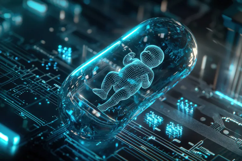 Захватывающая 3D-иллюстрация светящейся капсулы, содержащей цифровое изображение новорожденного, символизирующая пересечение технологий и человеческой жизни, с акцентом на инновации и здравоохранение