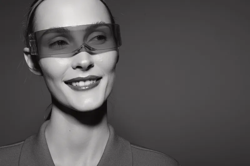 Portrait of a smiling white woman wearing transparent futuristic glasses and a blazer. Studio lighting highlights her confident expression and modern fashion style.