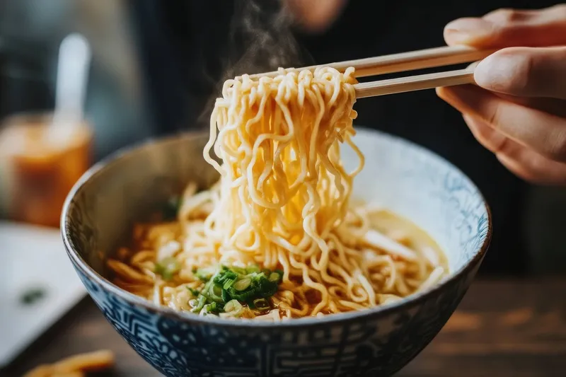 Крупный план вкусной лапши рамэн, которую поднимают палочками из традиционной миски, подчеркивающий свежие ингредиенты и аппетитный пар