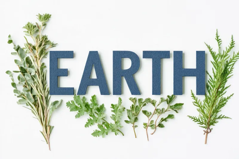 Яркие зеленые травы рядом со словом EARTH, представляющие устойчивость и природу