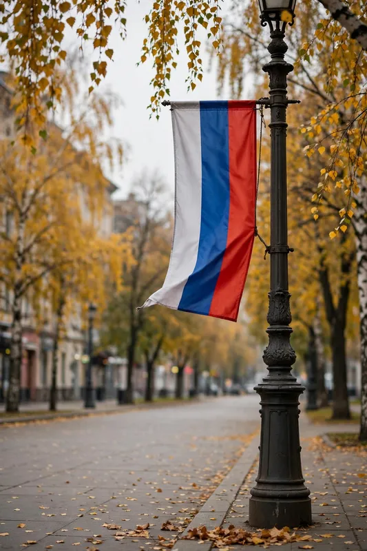 Российский флаг на фонарном столбе осенней улицей