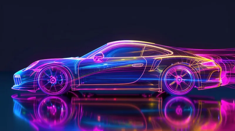 Элегантный стилизованный автомобиль, освещенный разноцветными неоновыми огнями, демонстрирующий движение и современность в темной атмосфере