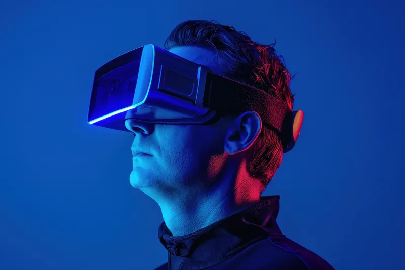 Опыт виртуальной реальности: мужчина в VR-шлеме на синем фоне с подсвеченным синим светом позади него