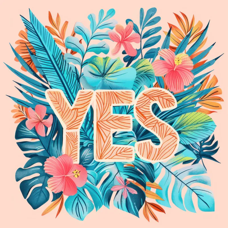 Яркие и живые тропические растения и цветы окружают жирное слово YES, создавая жизнерадостную и привлекательную атмосферу