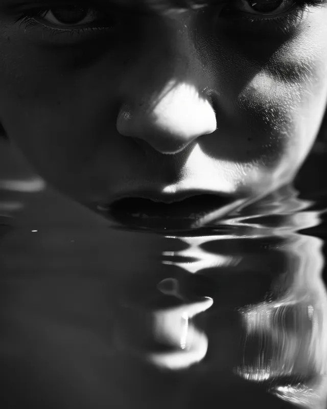 Выразительное, мрачное изображение лица мальчика над поверхностью воды, подчеркивающее эмоциональную глубину в монохромных тонах