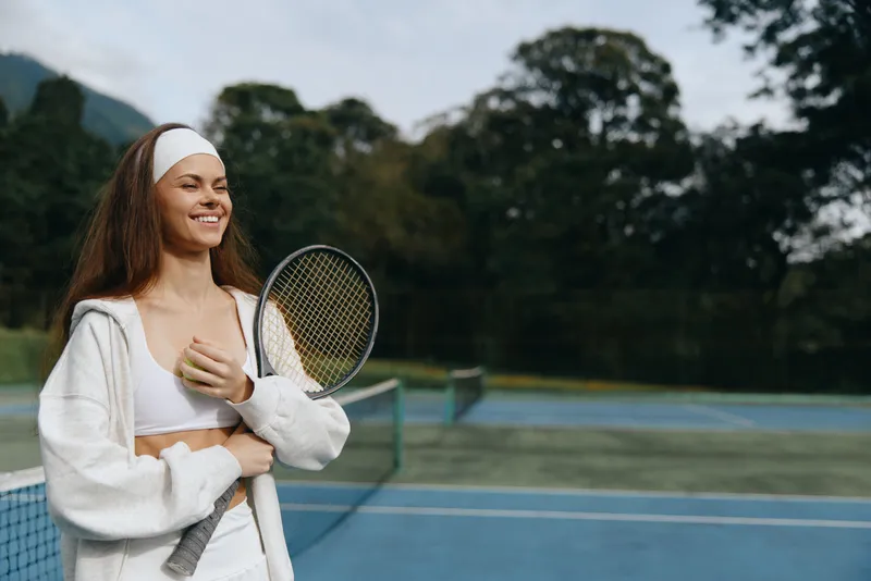 Smiling young woman in sportswear on a tennis court, embodying joy and confidence while holding a racket, showcasing an active lifestyle in a serene outdoor setting