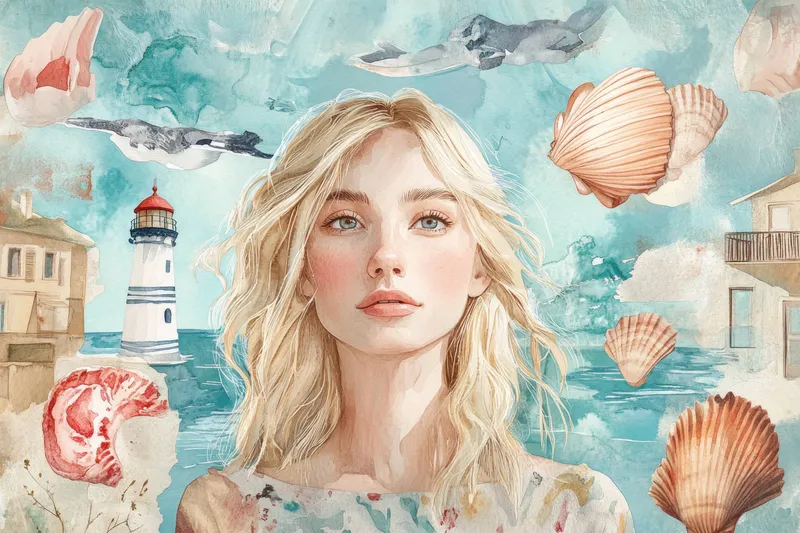 Захватывающая иллюстрация, изображающая молодую женщину с blond-волосами в прибрежной среде, украшенную ракушками и маяком, воплощающая безмятежную летнюю сущность