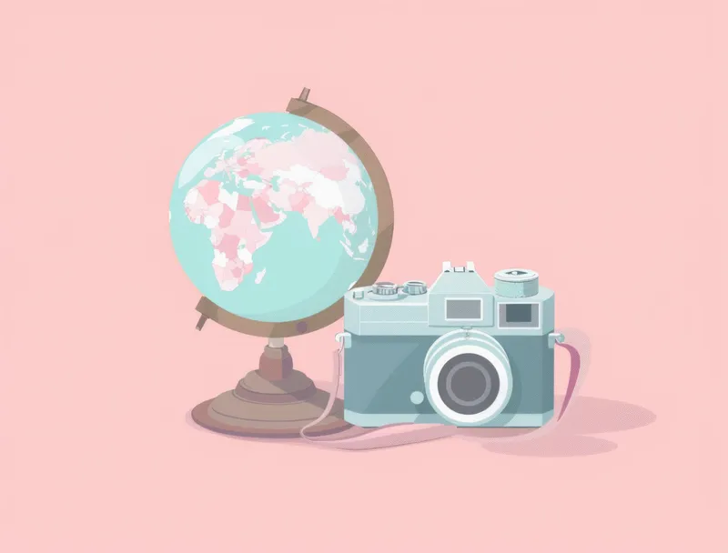 Путешествия по миру: фотоаппарат и глобус на розовом фоне с лентой