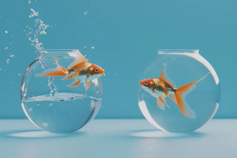 Две золотые рыбки выпрыгивают из аквариума на голубом фоне в 3D-рендеринге для концепций путешествий и красоты