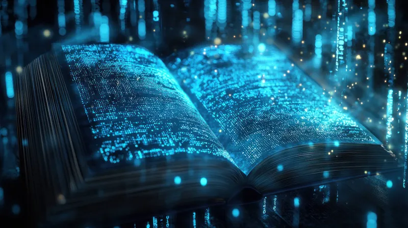 Открытая книга, освещенная синим светом, демонстрирующая светящийся цифровой текст и потоки данных, представляющая слияние литературы и технологий