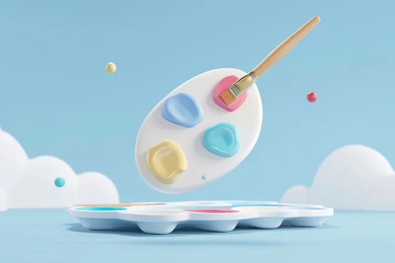 Лоток для яиц с кистью и облачным фоном для художественного вдохновения