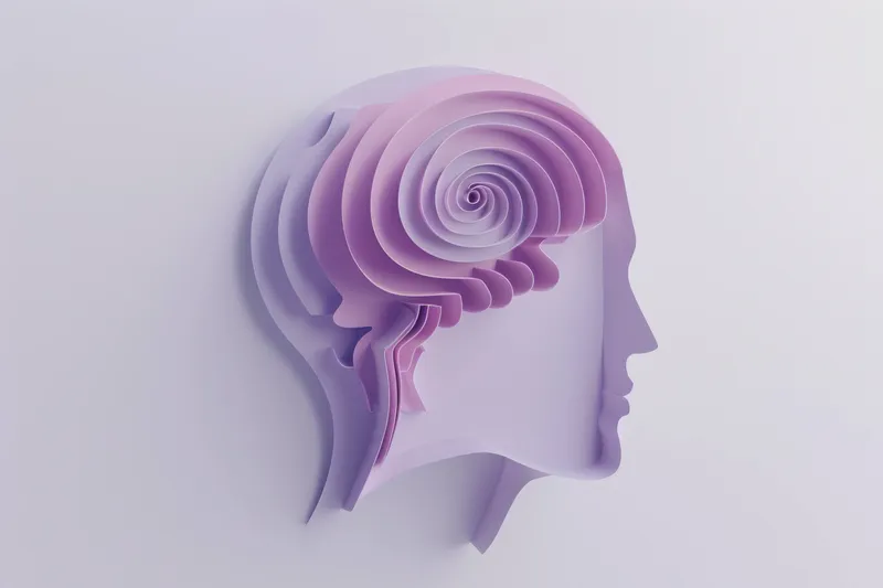 Это 3D-произведение искусства изображает человеческую голову со спиральной структурой мозга в успокаивающих фиолетовых тонах, передавая темы творчества, психического благополучия и мыслительных…