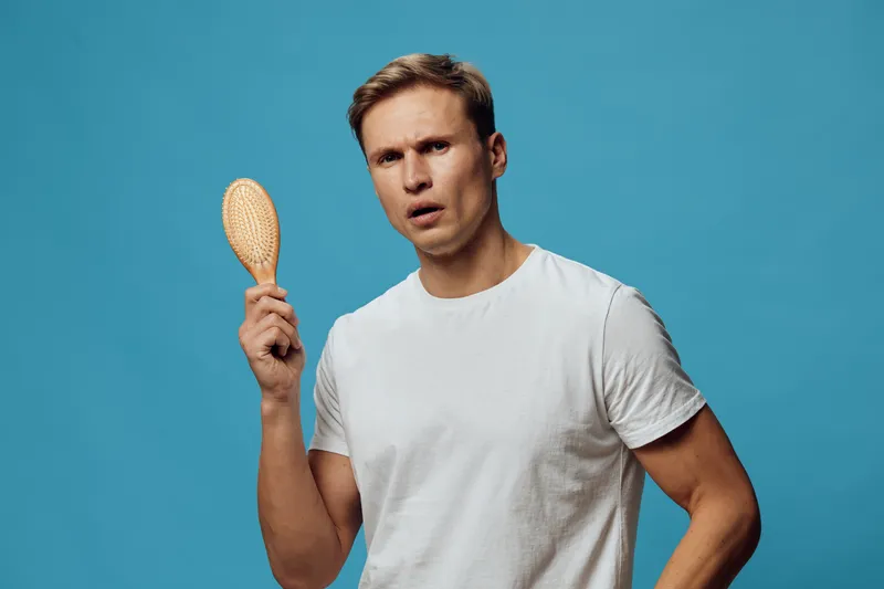 Casual young man with short hair wearing white t-shirt holding hairbrush in hand, looking puzzled isolated on blue background. Studio portrait Concept: everyday grooming and self-care.
