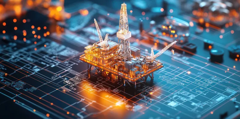Детализированная модель цифровой нефтяной вышки светится на фоне футуристической печатной платы, представляя энергопроизводство, промышленное развитие и инновации в технологиях