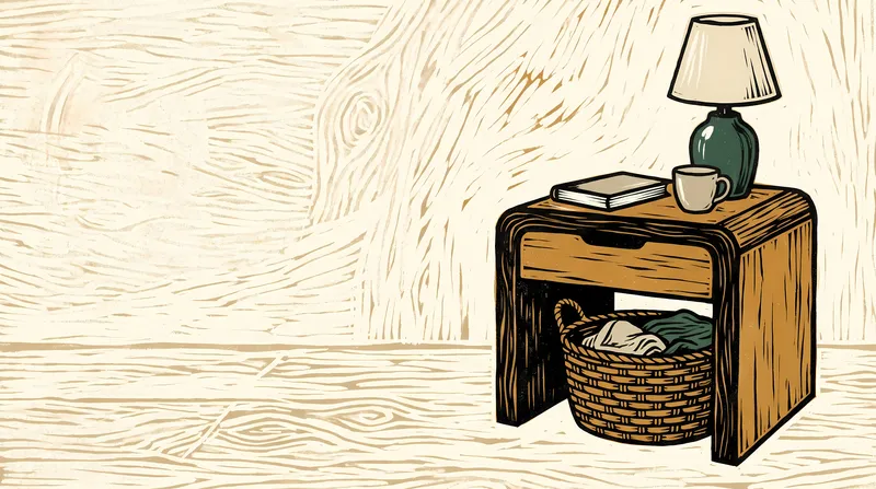 Сцена с мебелью в технике линогравюры: прикроватный столик, лампа, книга и детали хранения, с чистой областью для текста слева