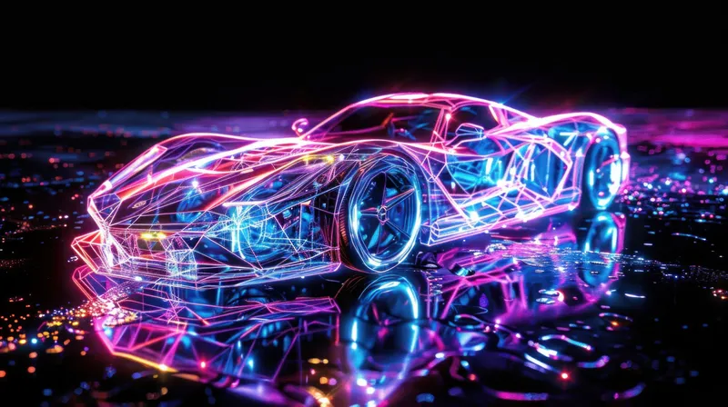 Яркий, подсвеченный неоном спортивный автомобиль в стиле каркасной модели на черном фоне, демонстрирующий современные технологии