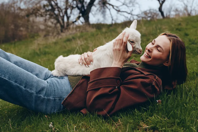 A woman relaxes on a grassy field while a friendly goat kid nuzzles her, capturing a simple lifestyle moment of bonding with animals in the outdoors.