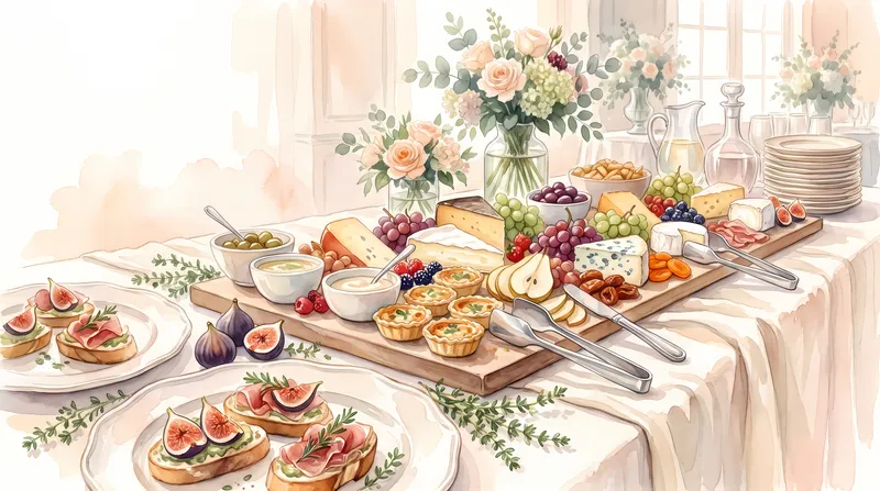 Элегантный прозрачный акварельный банкетный стол с сырами, фруктами, тарталетками и столовыми приборами