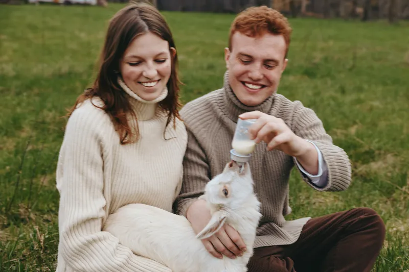Smiling couple feeding a playful goat kid in a grassy field. Cozy sweaters, soft natural light. Candid moment of rural lifestyle, bonding, and gentle care. Warm, inviting atmosphere highlights