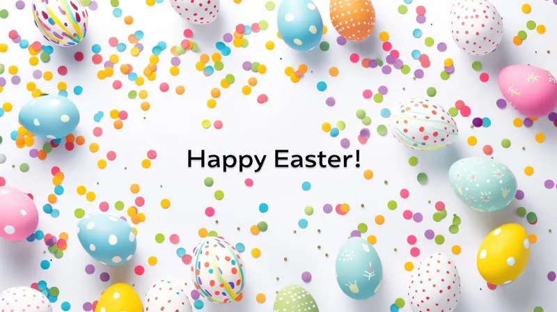 Яркие пасхальные яйца и конфетти с поздравлением Happy Easter на белом фоне