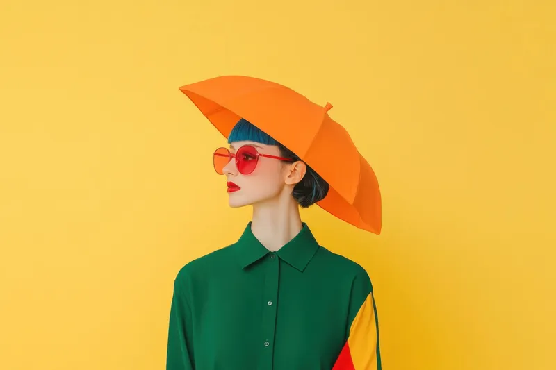 Стильная модель в oversized зеленой рубашке и оранжевой шляпе на ярком желтом фоне