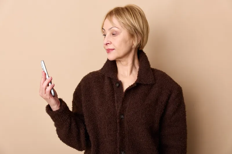Elderly woman holding smartphone indoors, focused on texting and calling, calm communication, technology use, sweater portrait on beige background, relaxed pose, studio