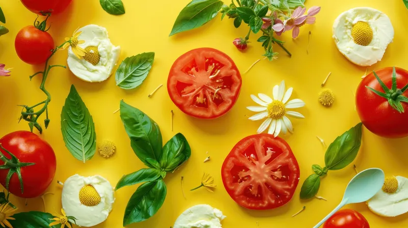 Свежие органические ингредиенты для здорового и вкусного домашнего обеда, расположенные с ложкой на ярко-жёлтом фоне
