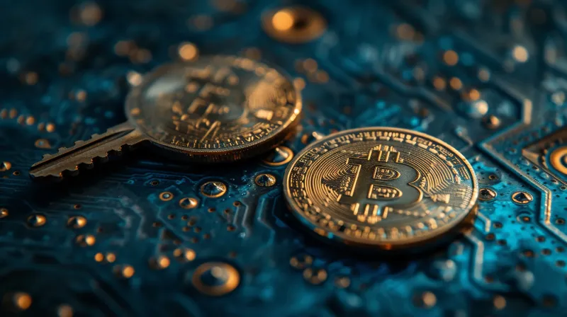 Две монеты биткоина лежат на печатной плате рядом с ключом